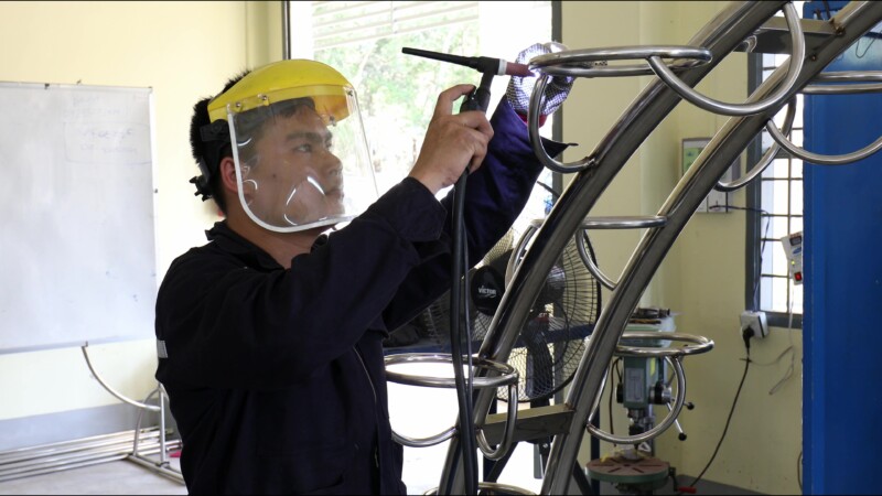Learning How to Weld — At a trade school in Myanmar, students learn the skill of welding to prepare them with an livelihood skill. — Myanmar, Burma, Burmese,...