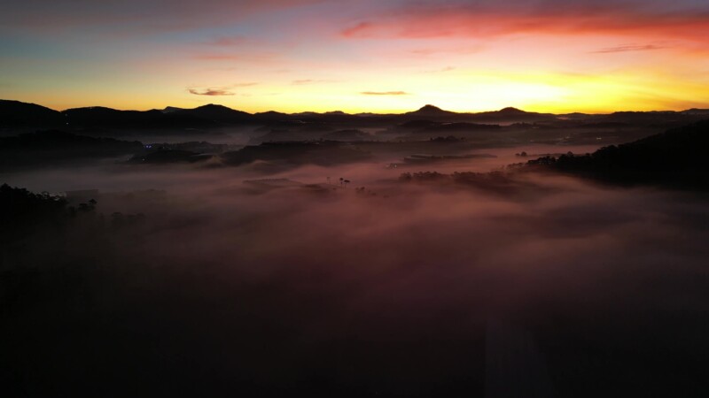 Early Morning Flight — Drone flys high above the greenhouses of Da Lat, Vietnam at sunrise. — Drone, Flyover, scenic, Vietnam, Da Lat