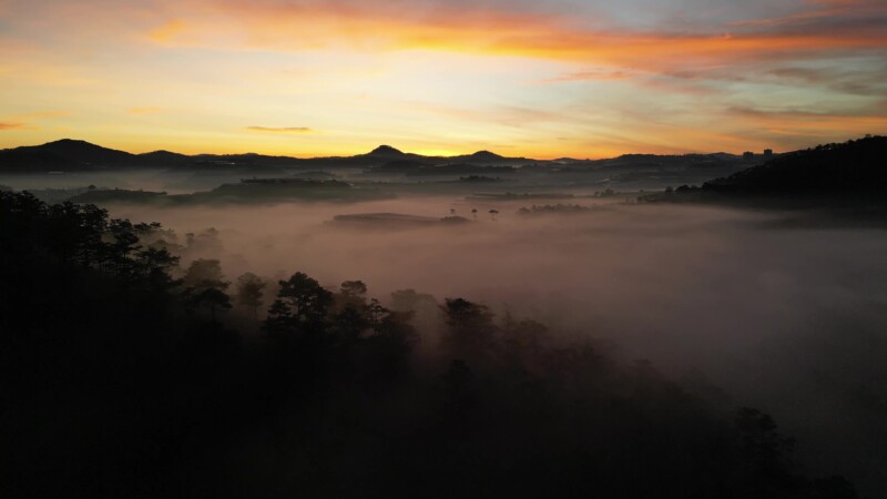 Early Morning Flight — Drone flys high above the greenhouses of Da Lat, Vietnam at sunrise. — Drone, Flyover, scenic, Vietnam, Da Lat