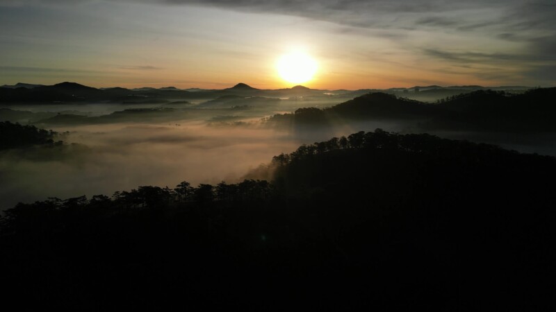 Early Morning Flight — Drone flys high above the greenhouses of Da Lat, Vietnam at sunrise. — Drone, Flyover, scenic, Vietnam, Da Lat
