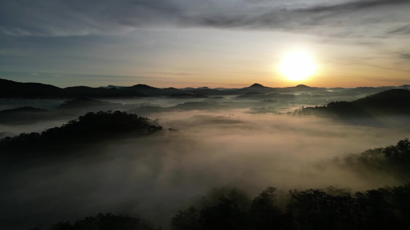 Early Morning Flight — Drone flys high above the greenhouses of Da Lat, Vietnam at sunrise. — Drone, Flyover, scenic, Vietnam, Da Lat