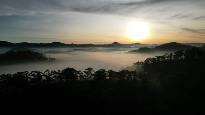 Early Morning Flight — Drone flys high above the greenhouses of Da Lat, Vietnam at sunrise. — Drone, Flyover, scenic, Vietnam, Da Lat