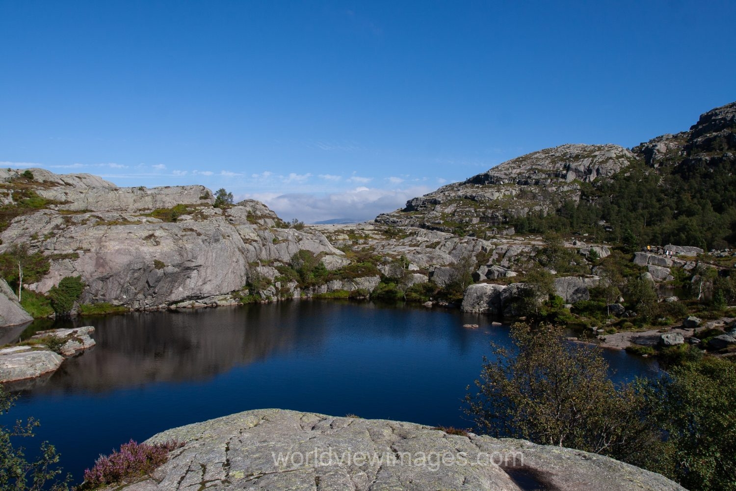 Scenic mountain Lake on the hike to Pulpit Rock in Norway