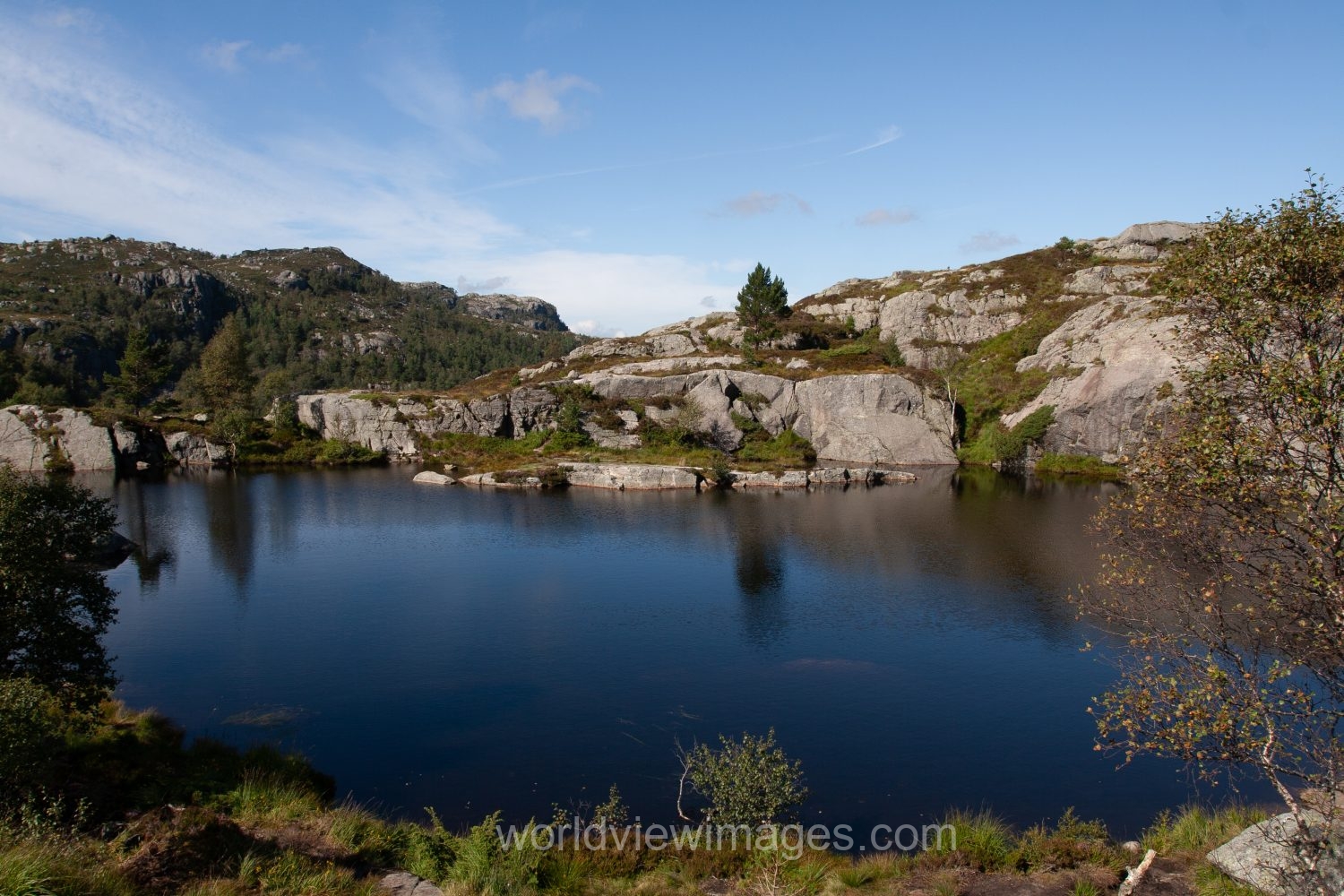 Scenic mountain Lake on the hike to Pulpit Rock in Norway