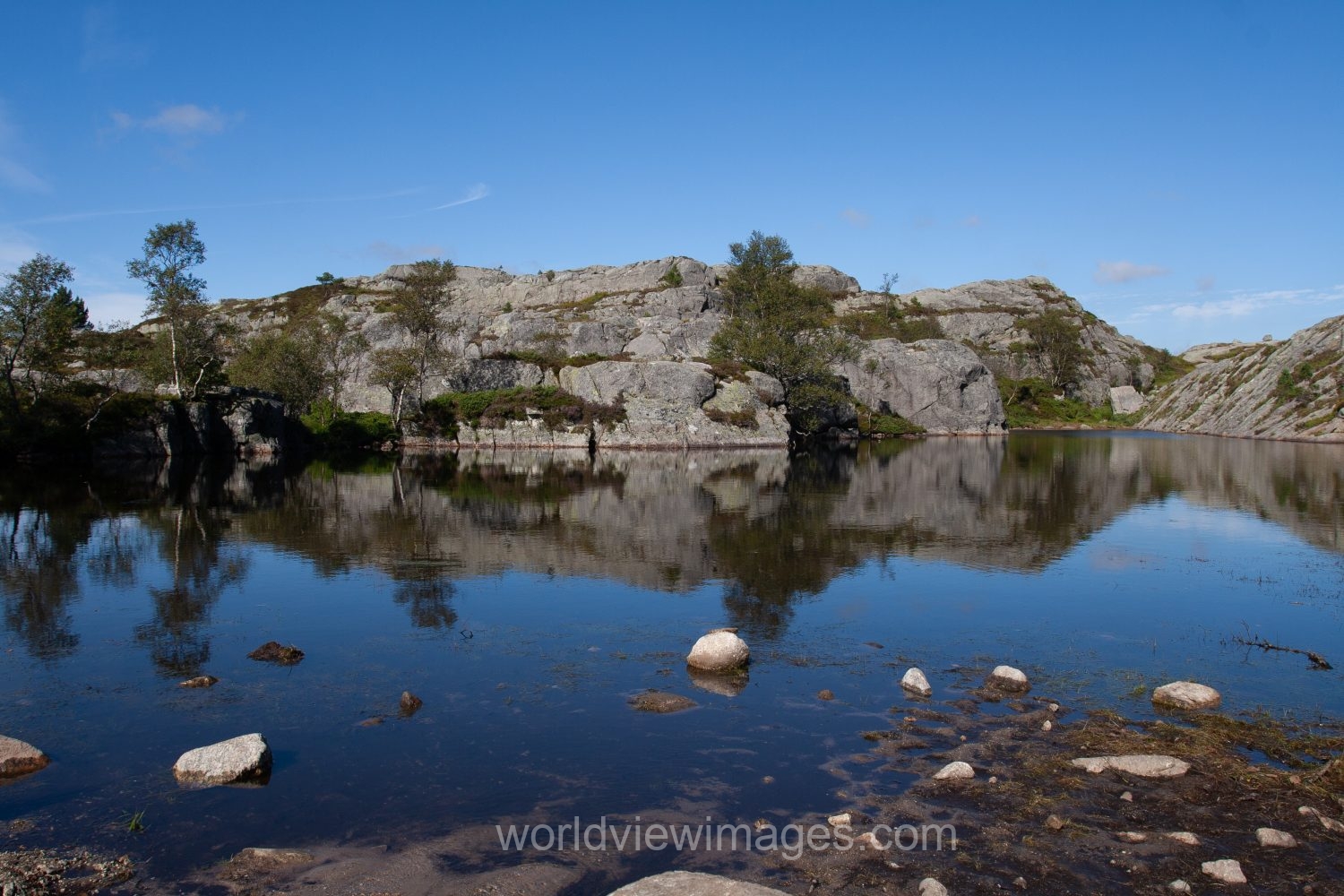 Scenic mountain Lake on the hike to Pulpit Rock in Norway