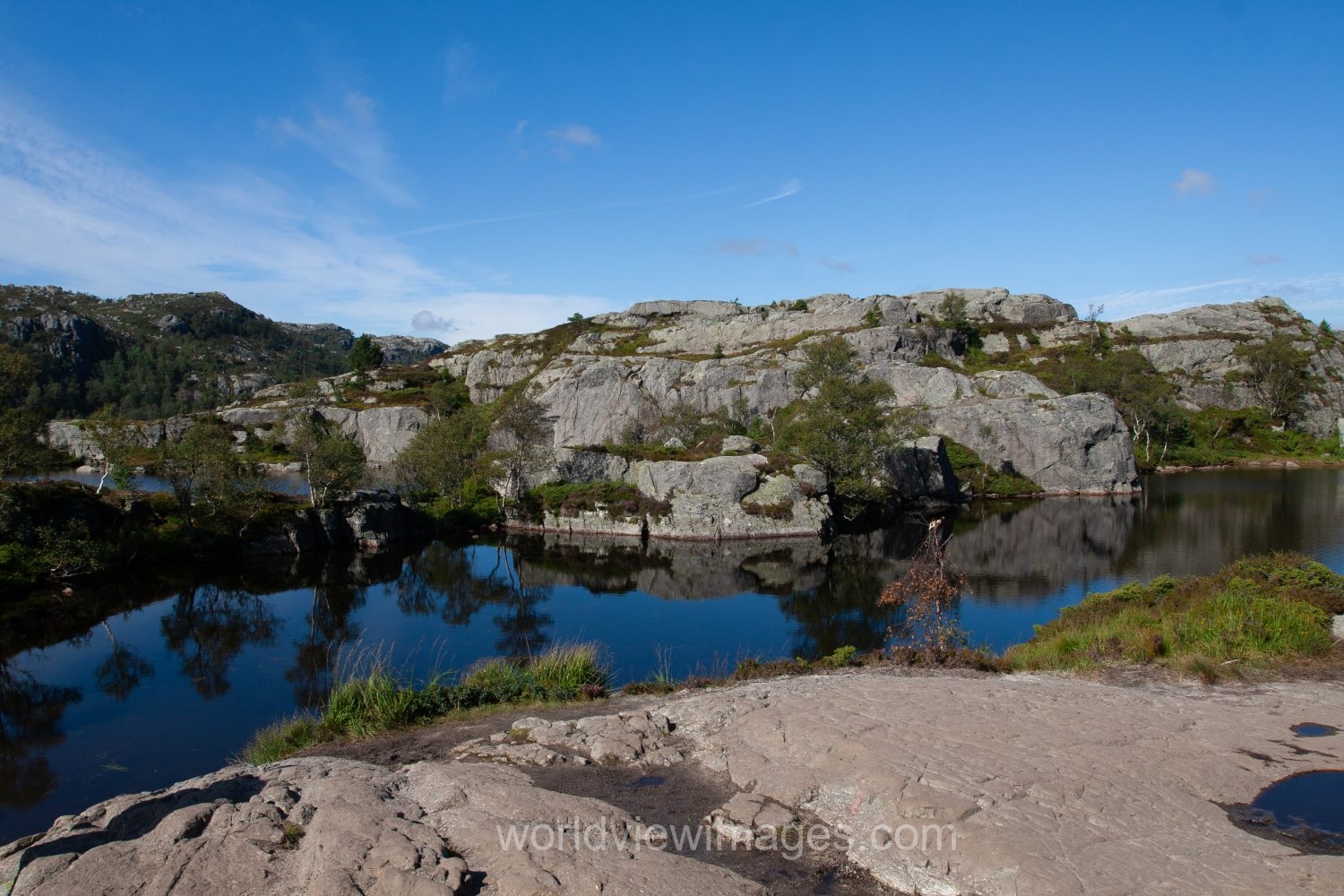 Scenic mountain Lake on the hike to Pulpit Rock in Norway