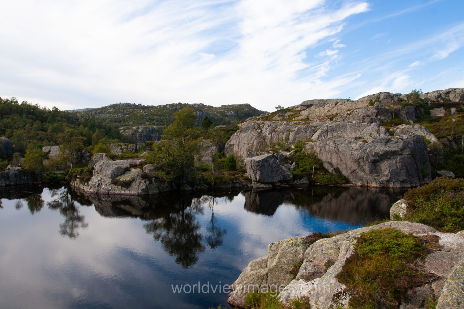 Scenic mountain Lake on the hike to Pulpit Rock in Norway