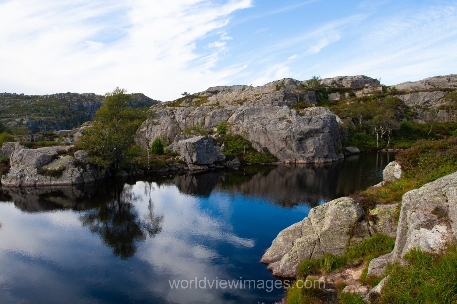 Scenic mountain Lake on the hike to Pulpit Rock in Norway