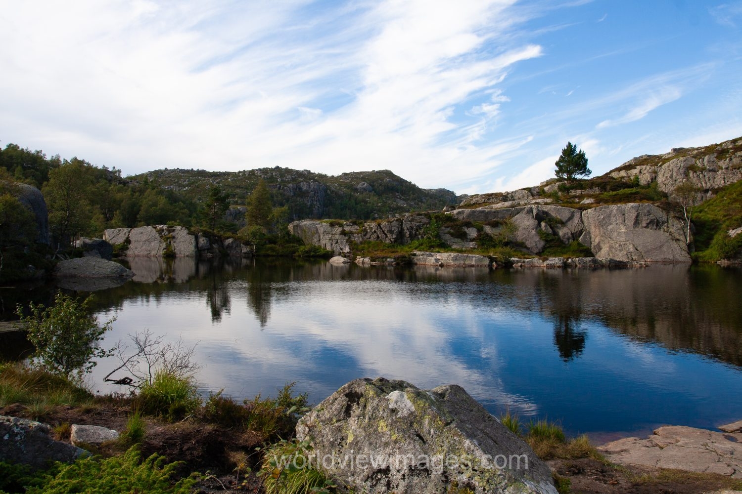 Scenic mountain Lake on the hike to Pulpit Rock in Norway