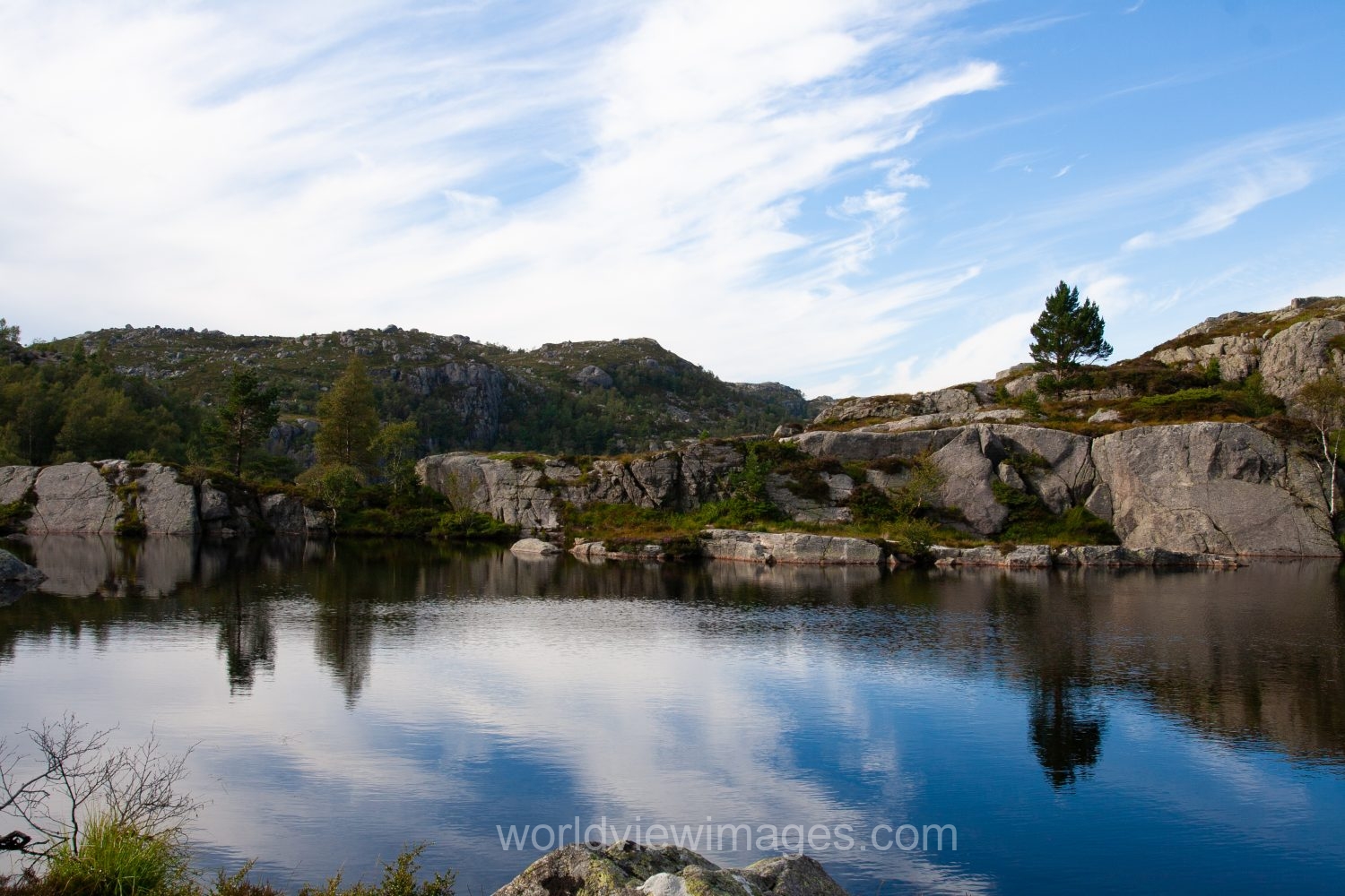 Scenic mountain Lake on the hike to Pulpit Rock in Norway