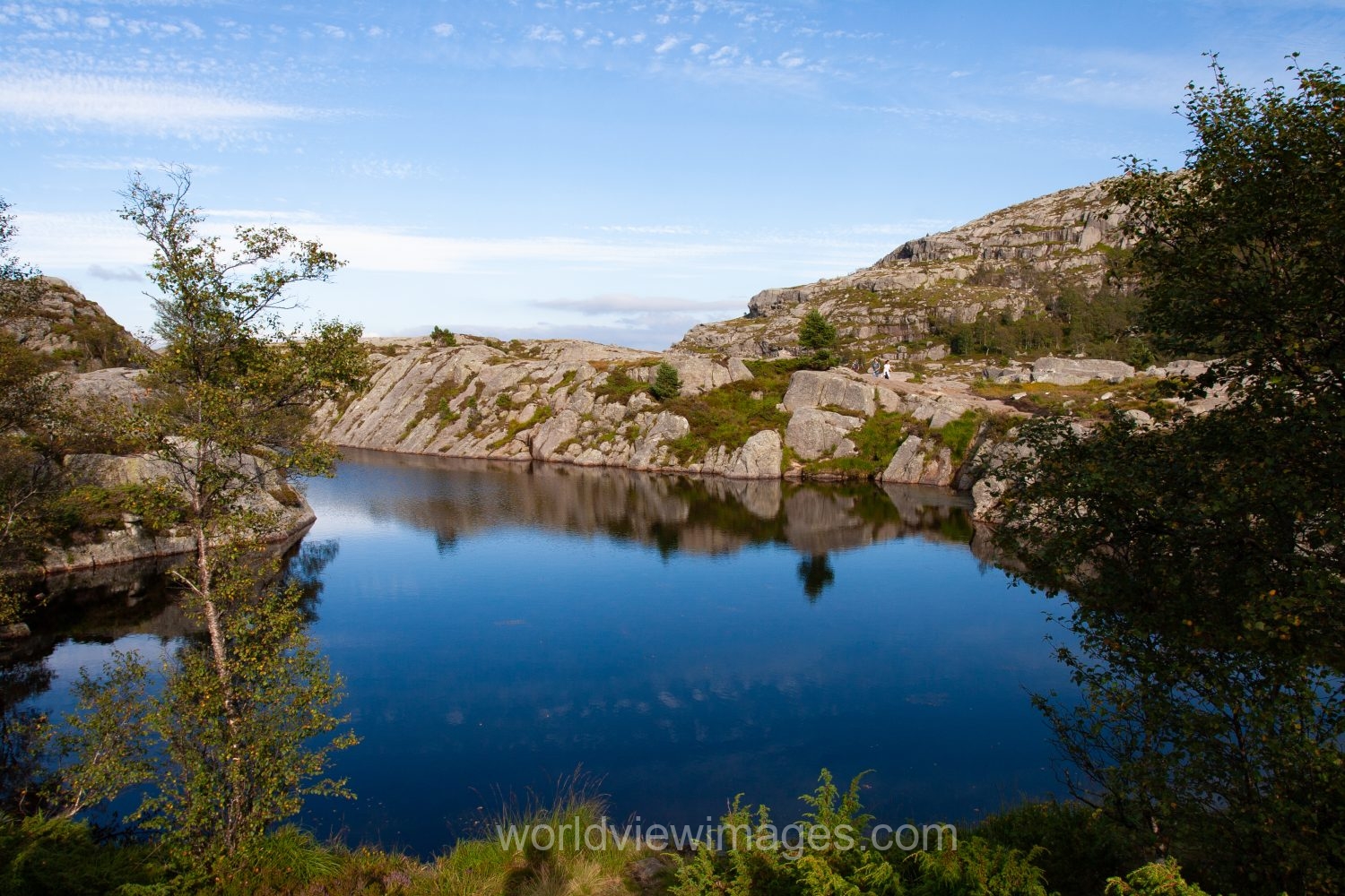 Scenic mountain Lake on the hike to Pulpit Rock in Norway
