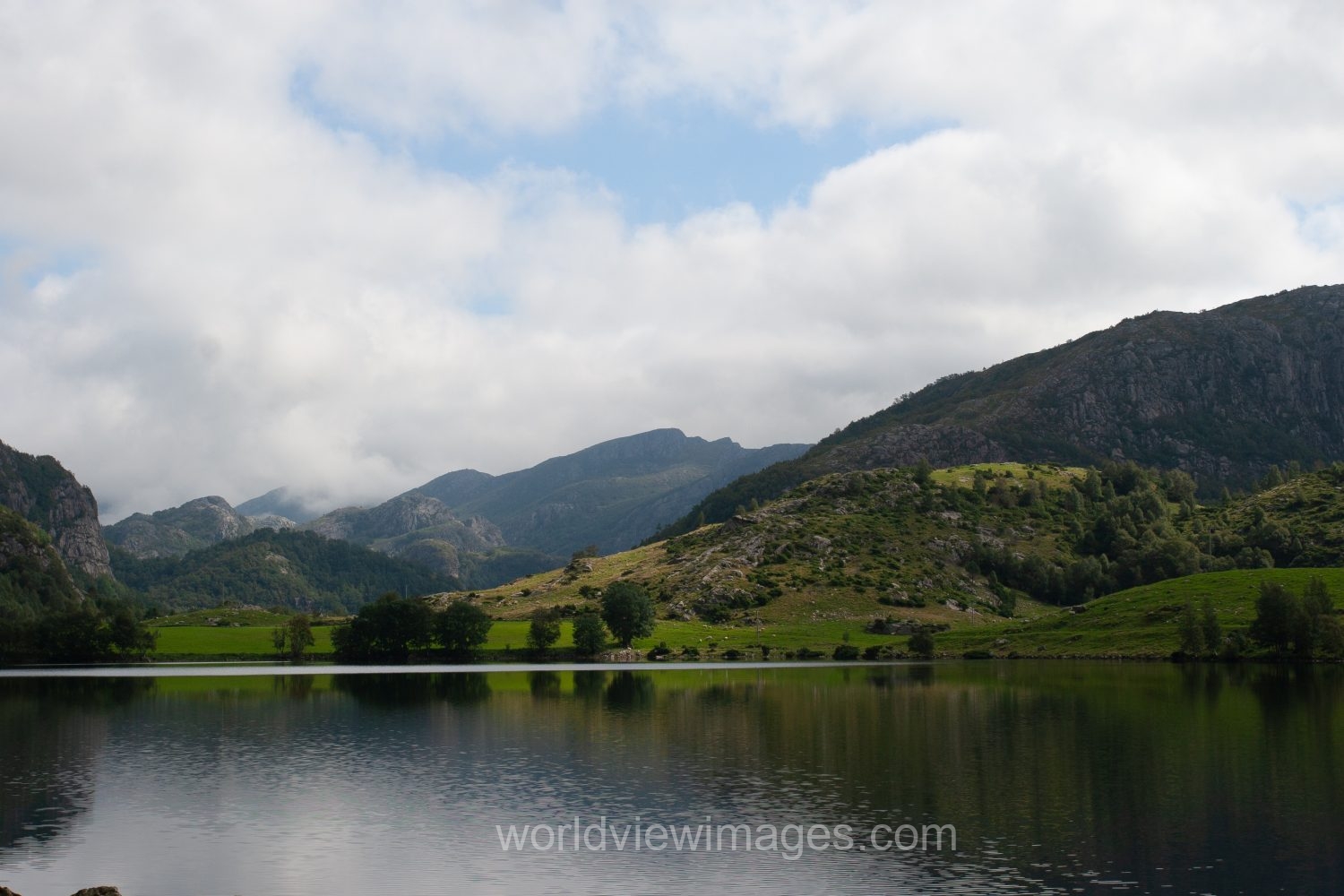 Scenic mountain Lake on the hike to Pulpit Rock in Norway