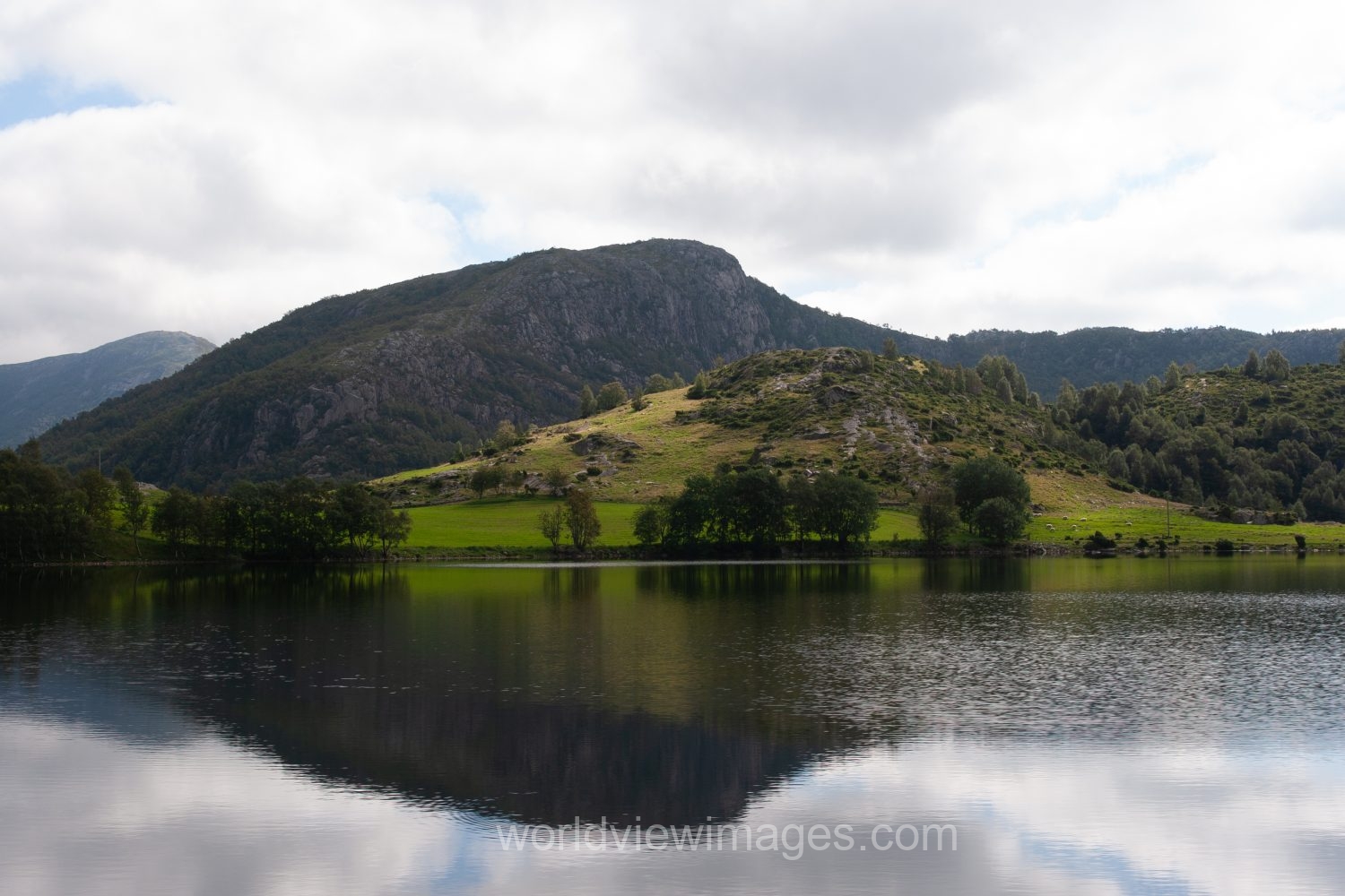 Scenic mountain Lake on the hike to Pulpit Rock in Norway