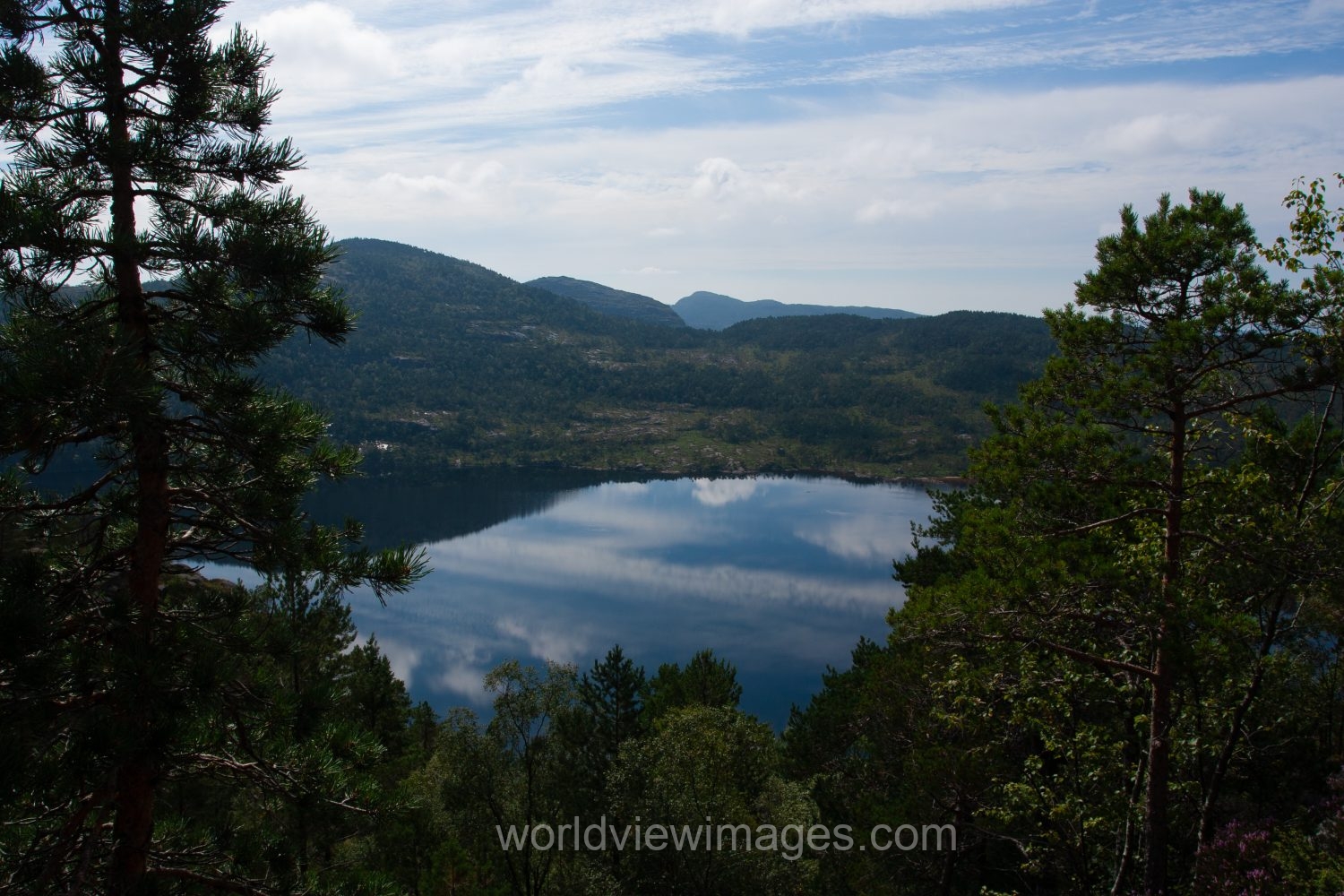 Scenic mountain Lake on the hike to Pulpit Rock in Norway